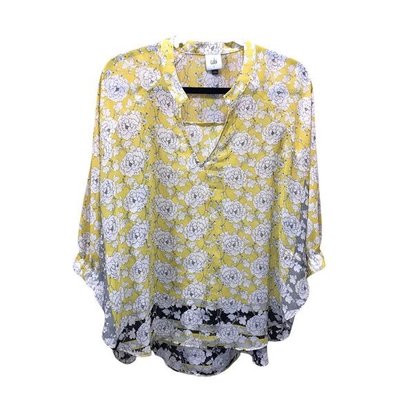 Cabi Yellow White Black Floral Pattern Sheer 3/4 length sleeves Womens Small Shi - Picture 1 of 4